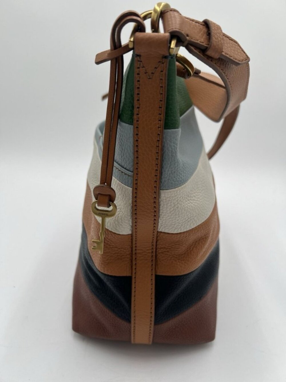 Fossil Julianna Hobo Bag Leather Colorblock Strip Shoulder Purse Key Charm EUC - Picture 10 of 16